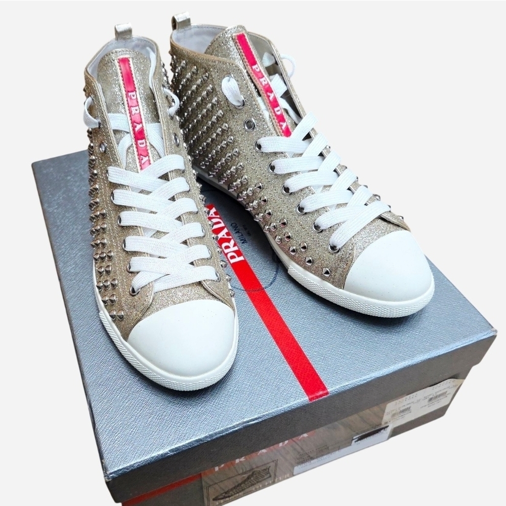 Prada Gold Glitter Spikes Studded High Top Sneakers 38.5 (8.5)